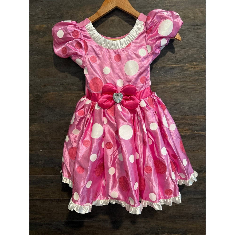 Disney Girls Pink Polka Dot Glitter Costume Dress Heart Jewel Puffy Sleeve 5/6